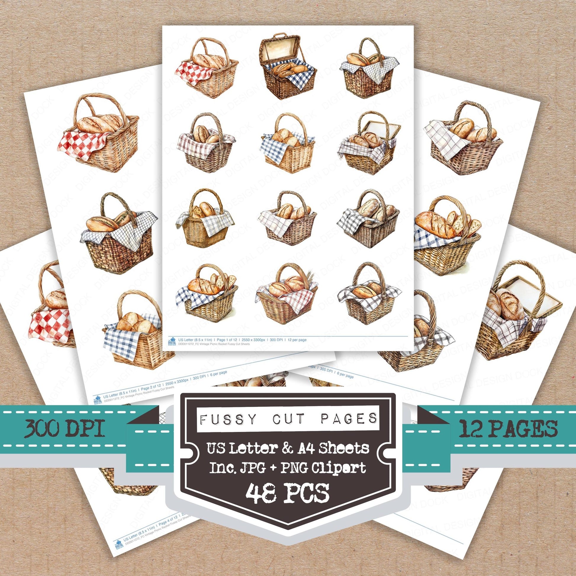 Vintage Picnic Basket fussy cut printable sheets for junk journaling, scrapbooking, and paper craft projects