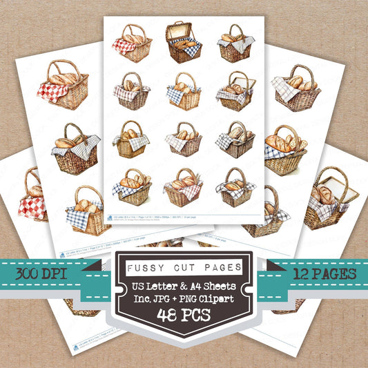 Vintage Picnic Basket fussy cut printable sheets for junk journaling, scrapbooking, and paper craft projects