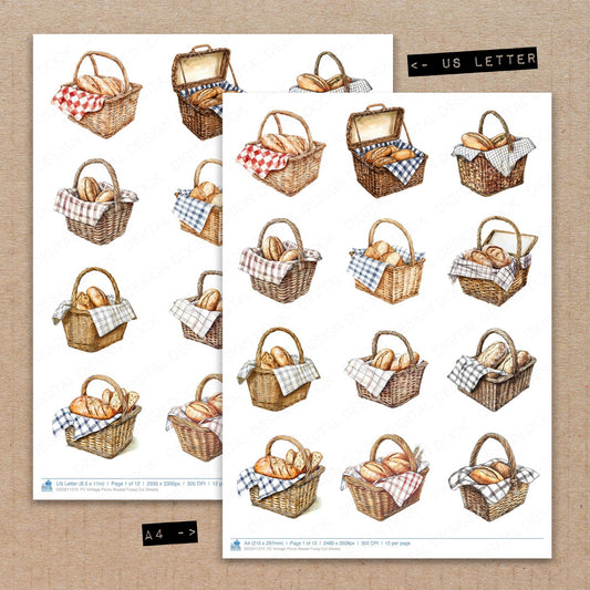 A4 and US Letter format comparison showing Vintage Picnic Basket fussy cut pages for print and cut crafting