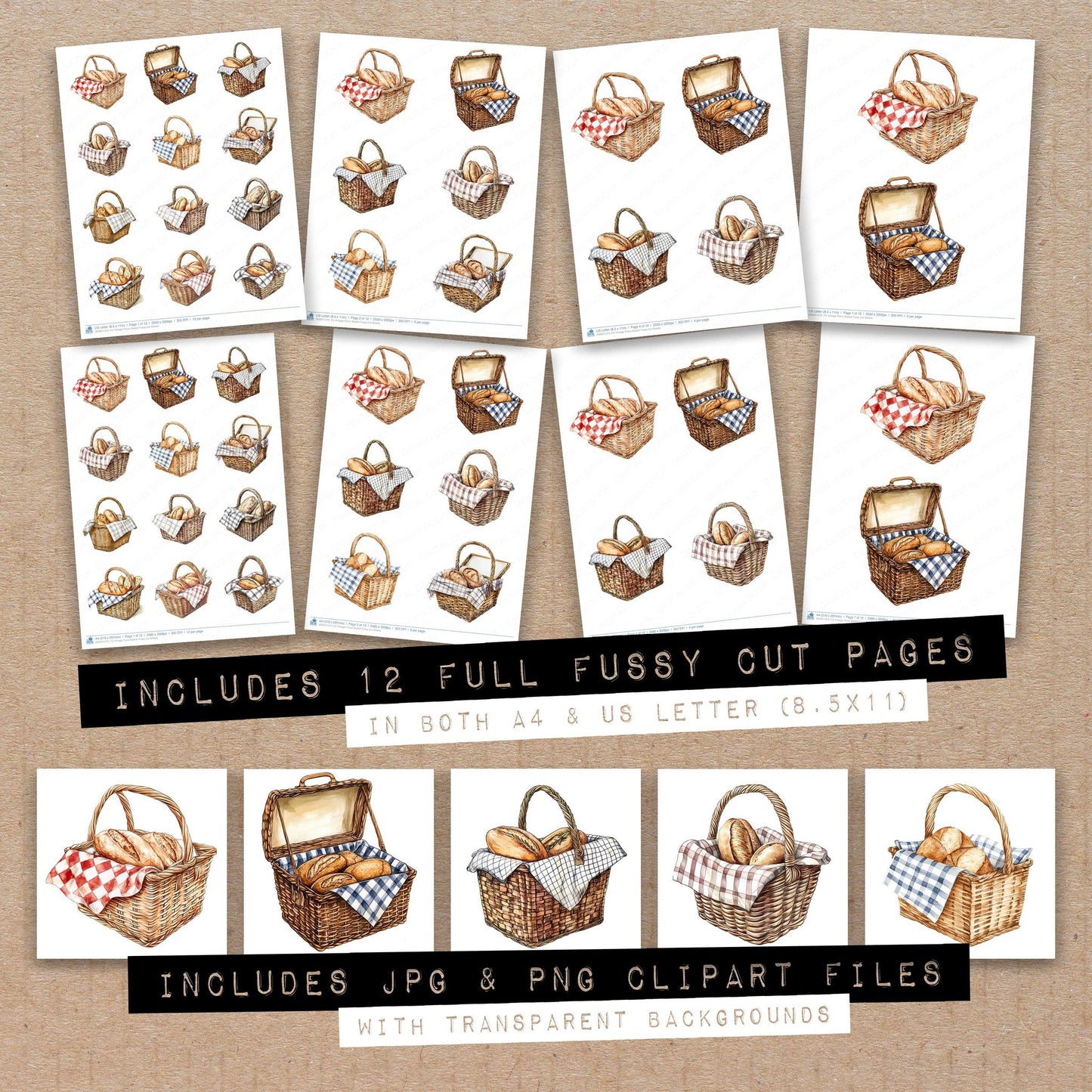 Full collection view of Vintage Picnic Basket fussy cut sheets with bonus clipart JPG and PNG files