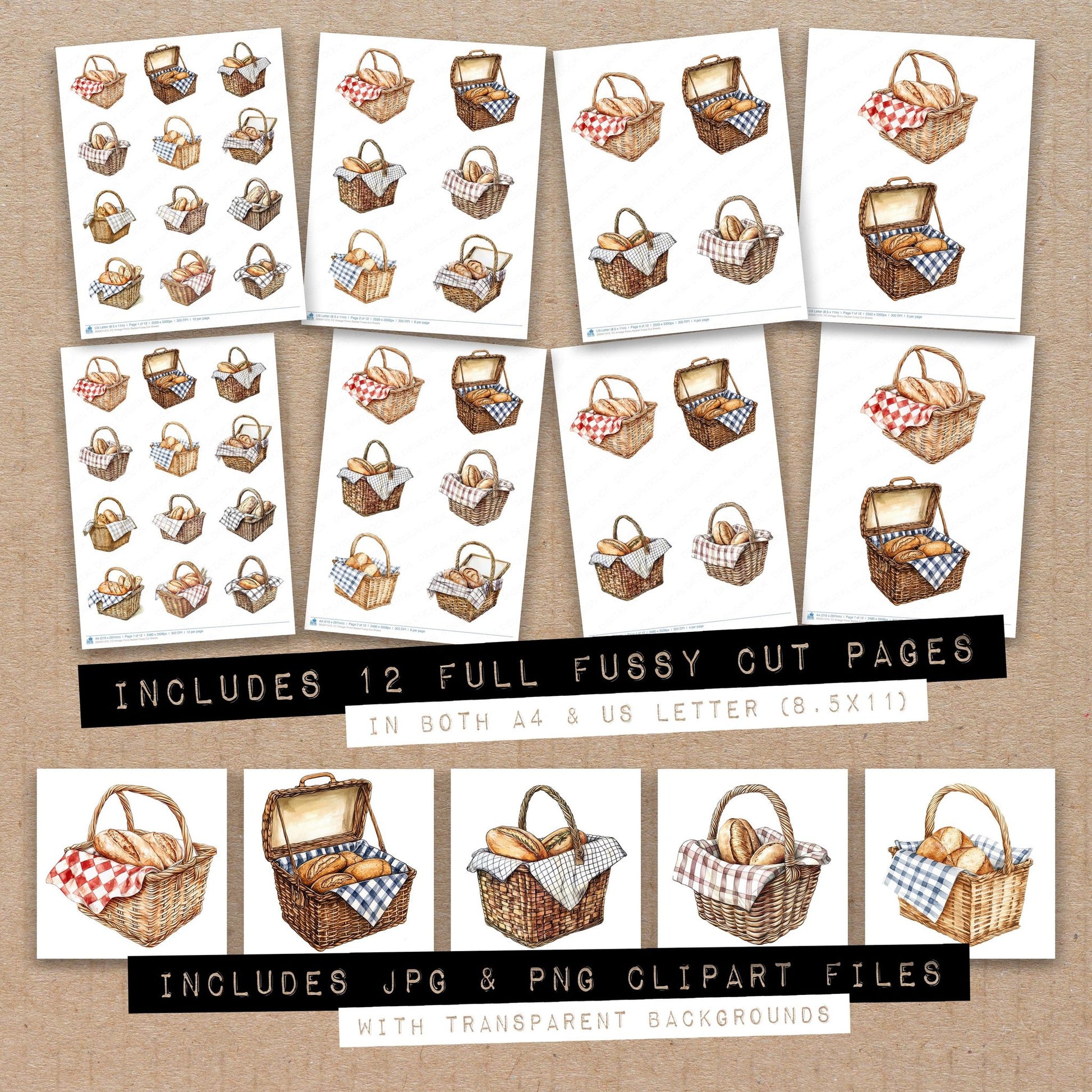 Full collection view of Vintage Picnic Basket fussy cut sheets with bonus clipart JPG and PNG files