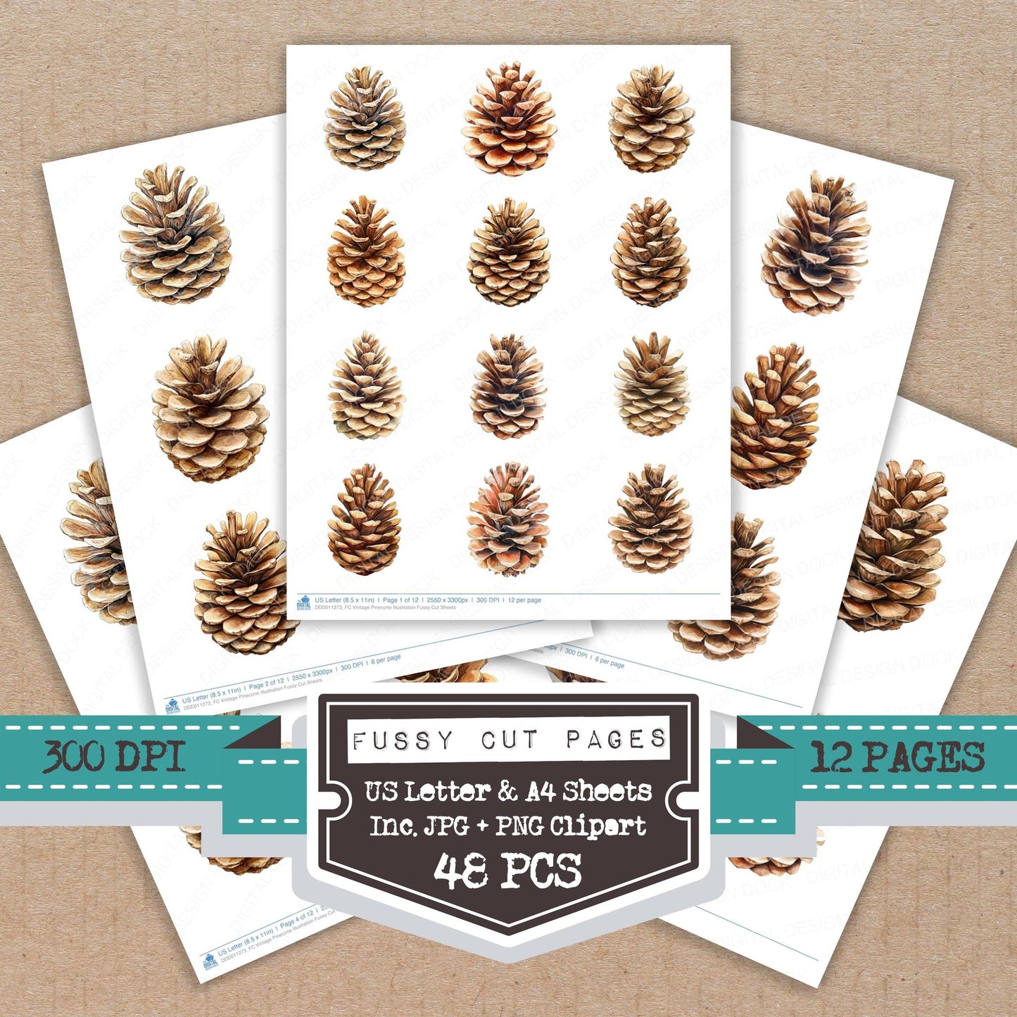 Vintage Pinecone Illustration fussy cut printable sheets for junk journaling, scrapbooking, and paper craft projects