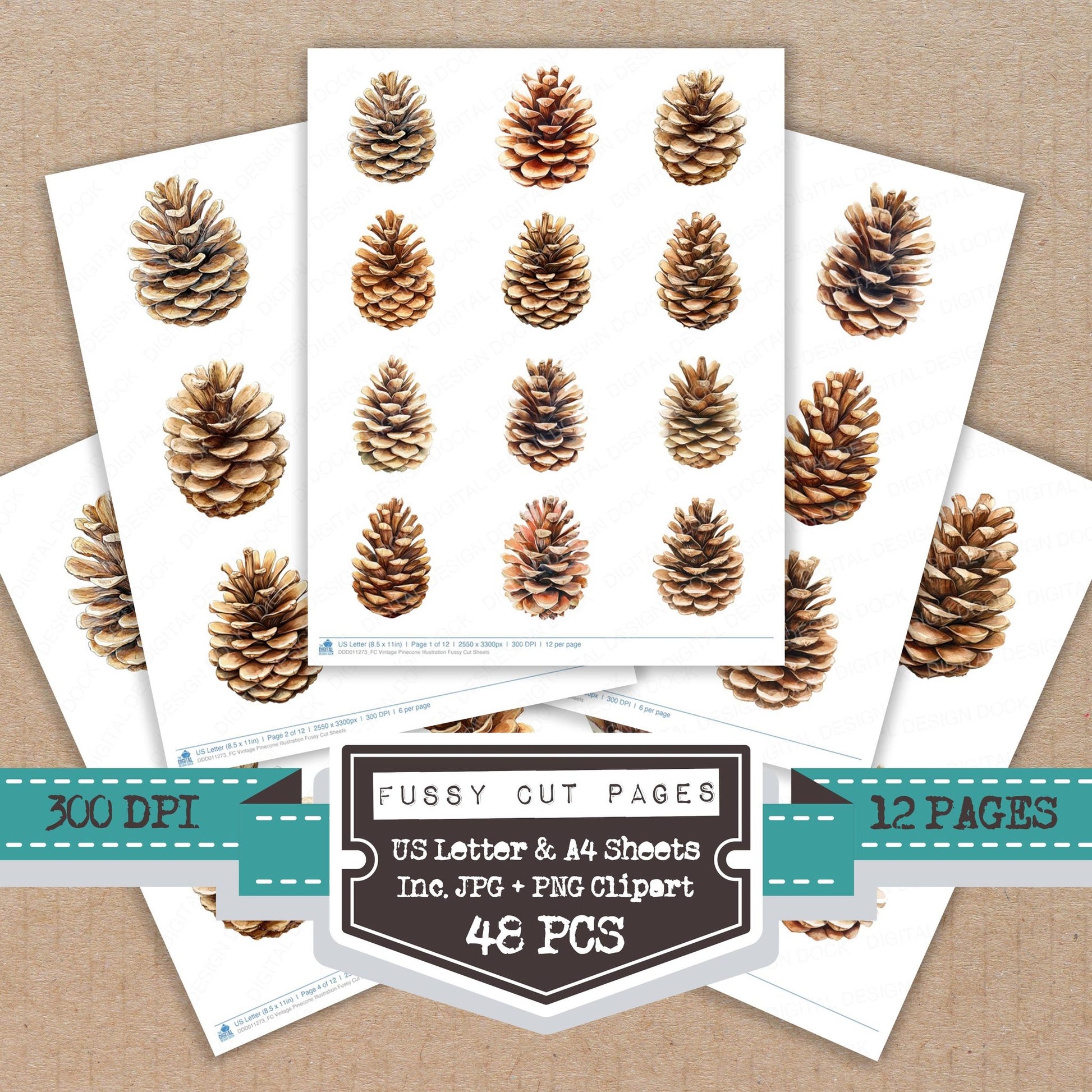 Vintage Pinecone Illustration fussy cut printable sheets for junk journaling, scrapbooking, and paper craft projects