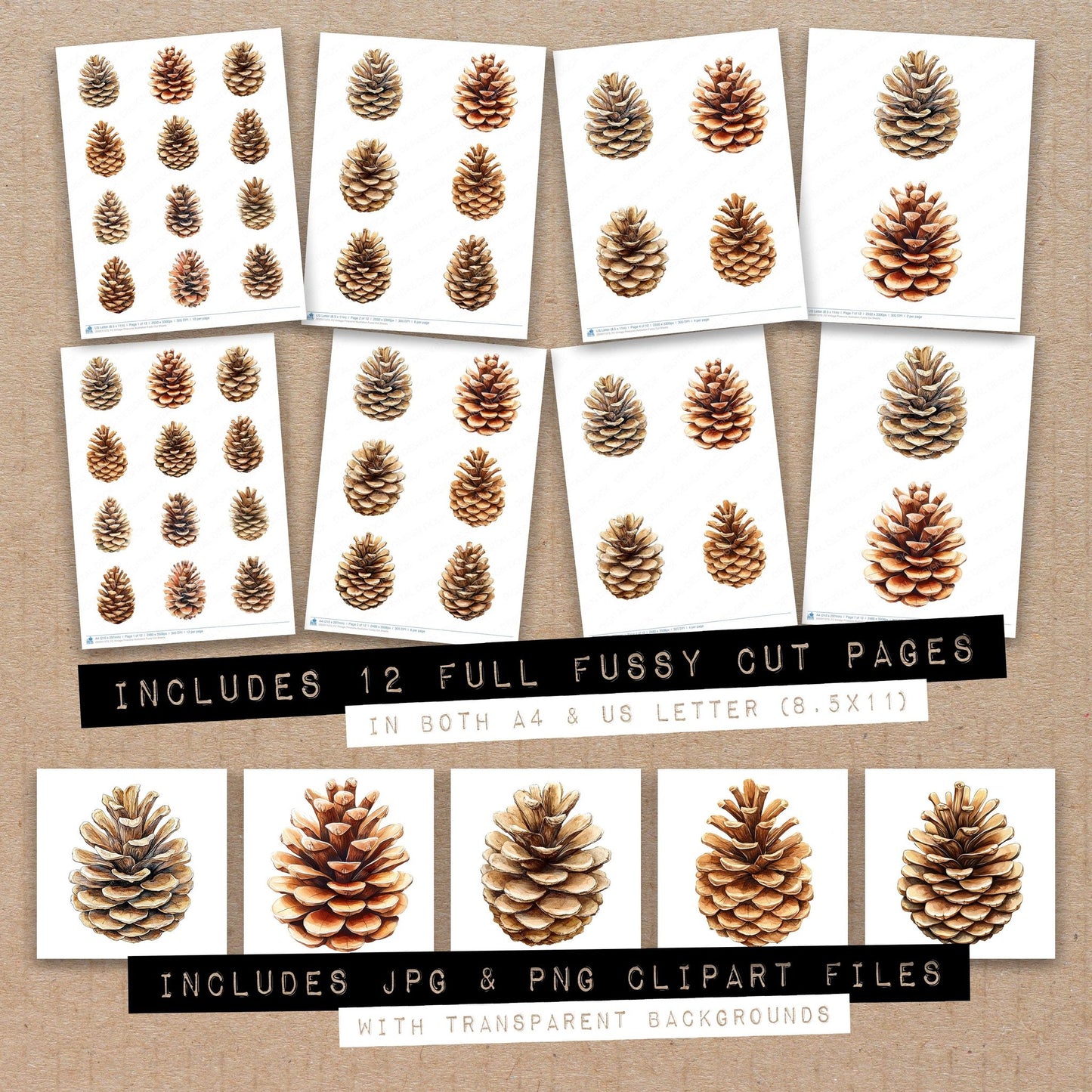 Full collection view of Vintage Pinecone Illustration fussy cut sheets with bonus clipart JPG and PNG files