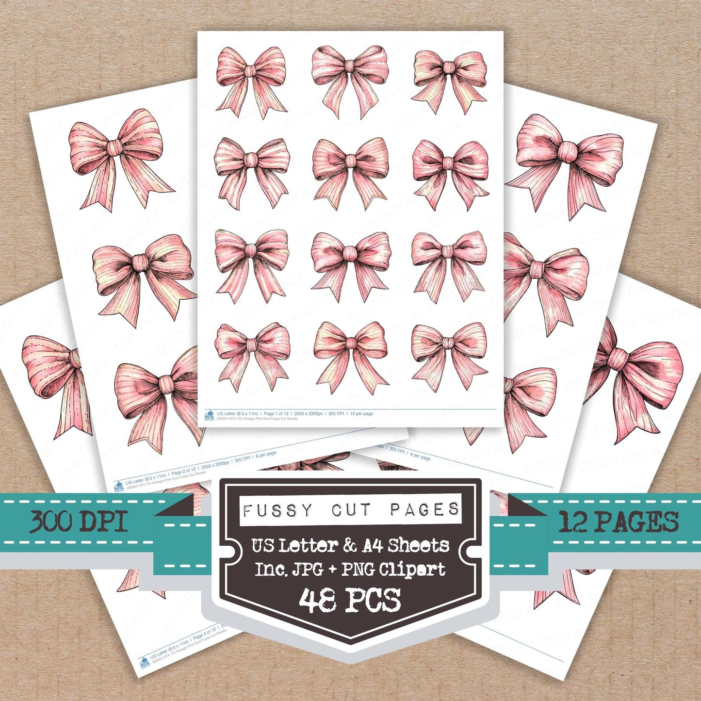 Vintage Pink Bow Fussy Cut Sheets (DDD011274)