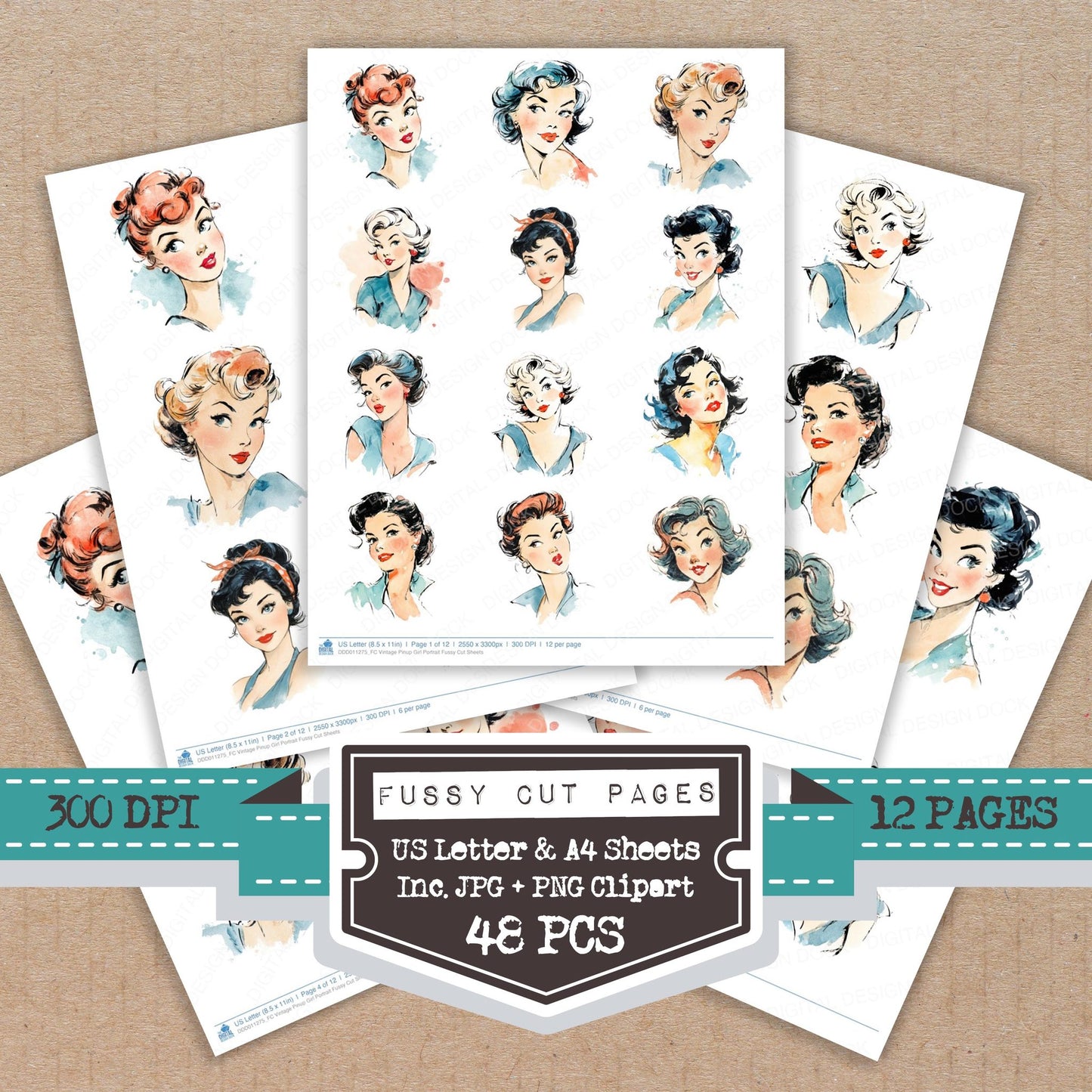 Vintage Pinup Girl Portrait fussy cut printable sheets for junk journaling, scrapbooking, and paper craft projects