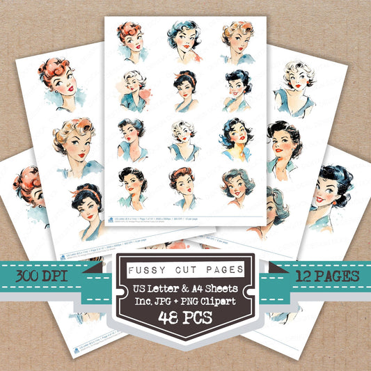Vintage Pinup Girl Portrait fussy cut printable sheets for junk journaling, scrapbooking, and paper craft projects