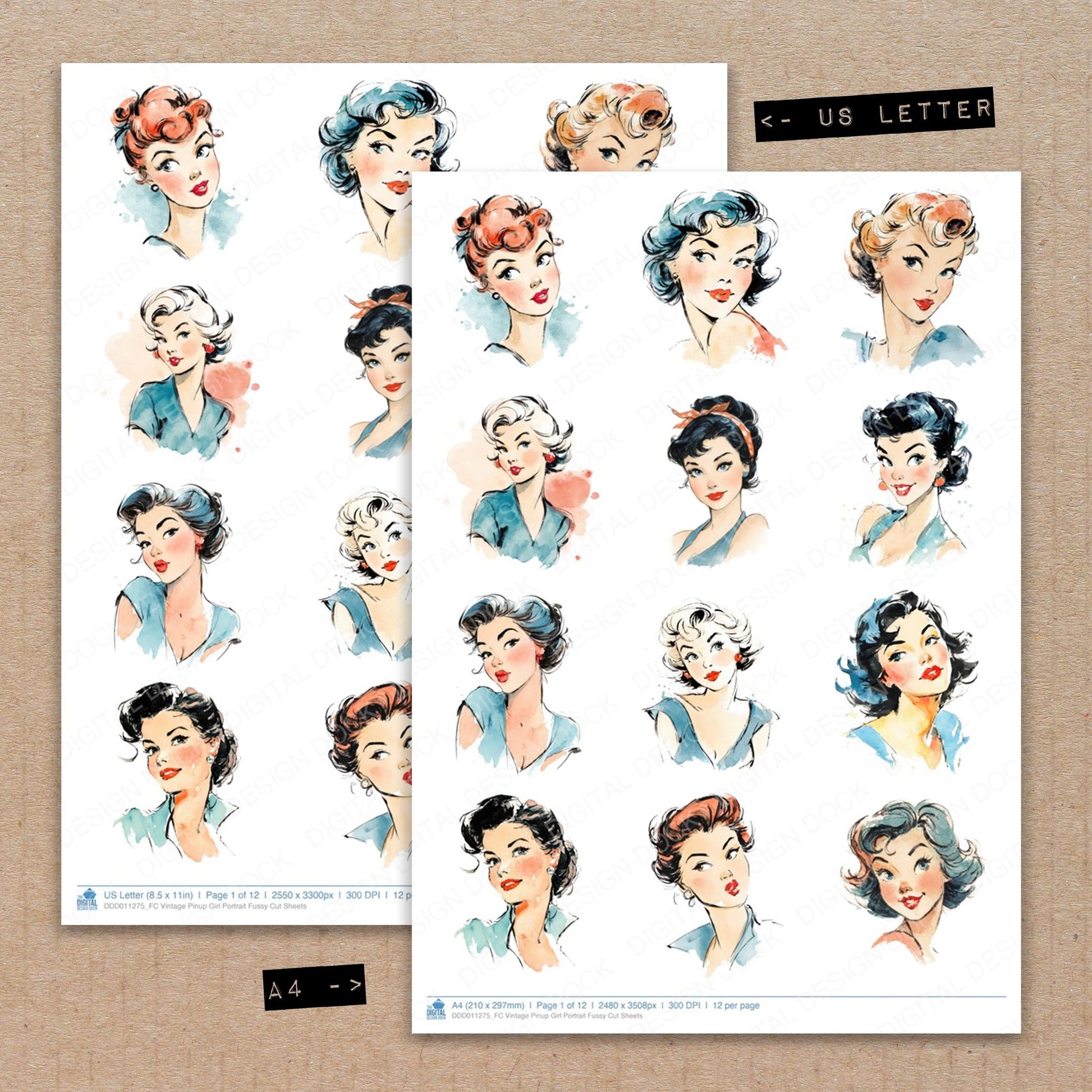 A4 and US Letter format comparison showing Vintage Pinup Girl Portrait fussy cut pages for print and cut crafting