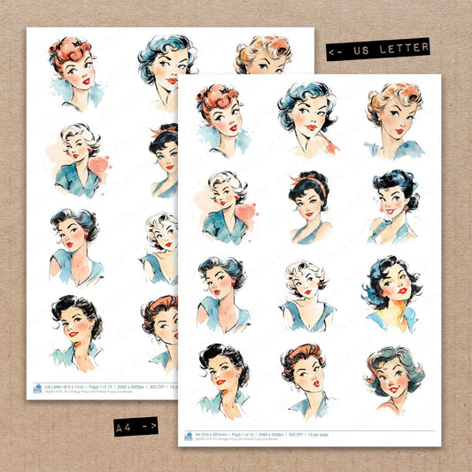 A4 and US Letter format comparison showing Vintage Pinup Girl Portrait fussy cut pages for print and cut crafting