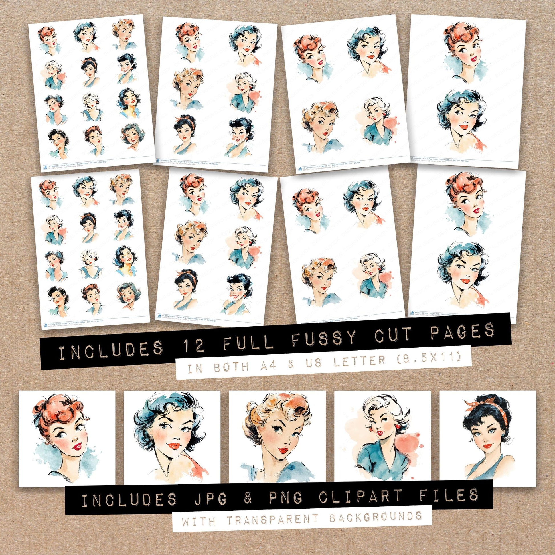 Full collection view of Vintage Pinup Girl Portrait fussy cut sheets with bonus clipart JPG and PNG files