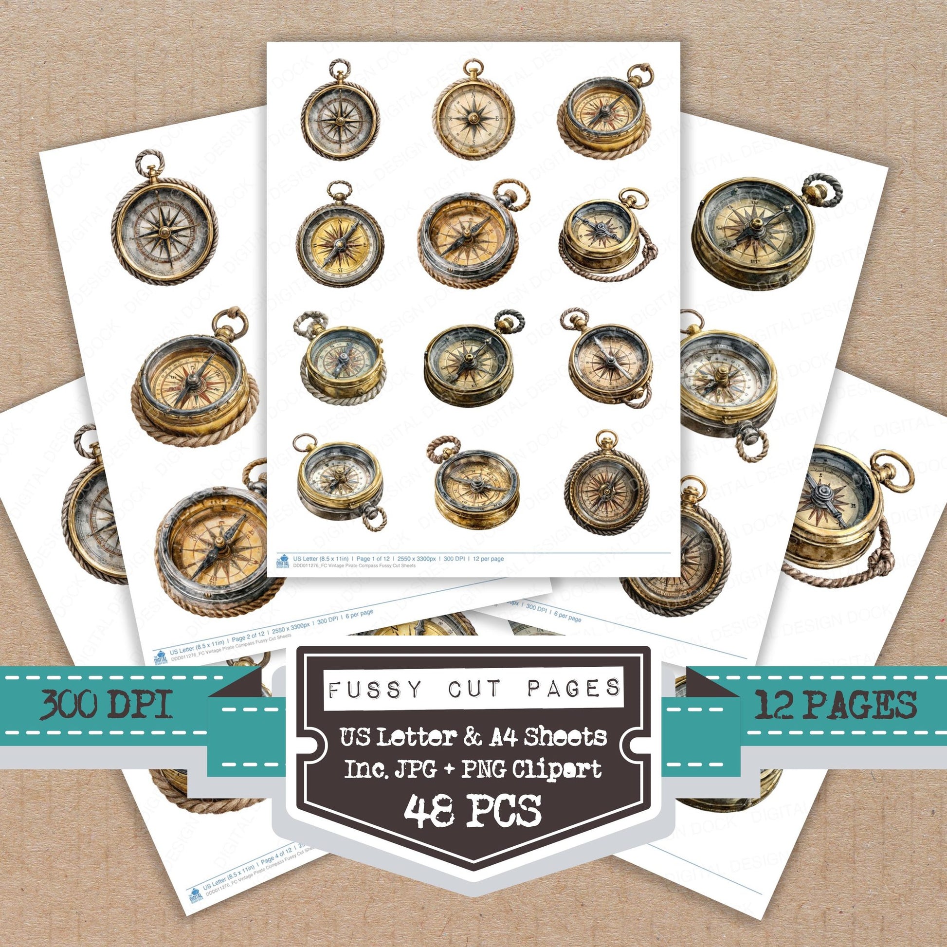 Vintage Pirate Compass fussy cut printable sheets for junk journaling, scrapbooking, and paper craft projects