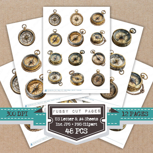 Vintage Pirate Compass fussy cut printable sheets for junk journaling, scrapbooking, and paper craft projects
