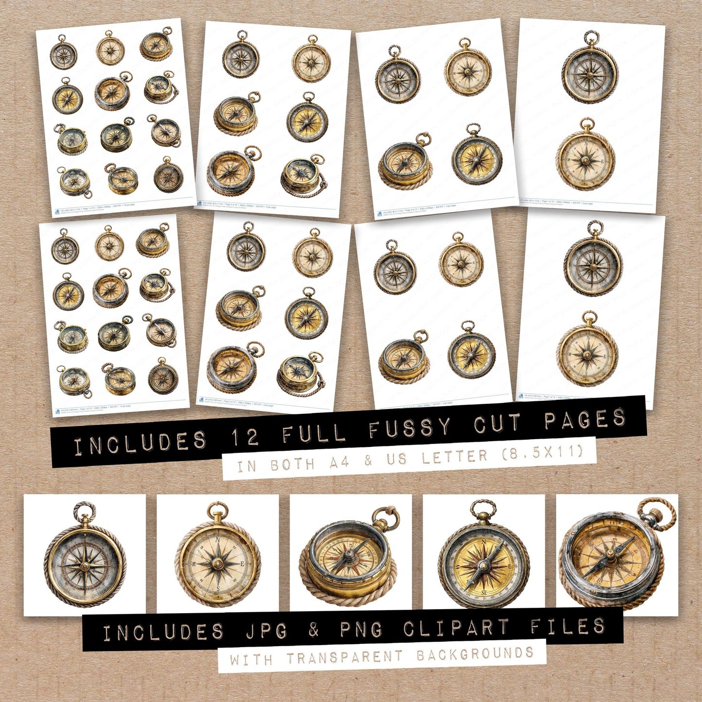 Full collection view of Vintage Pirate Compass fussy cut sheets with bonus clipart JPG and PNG files