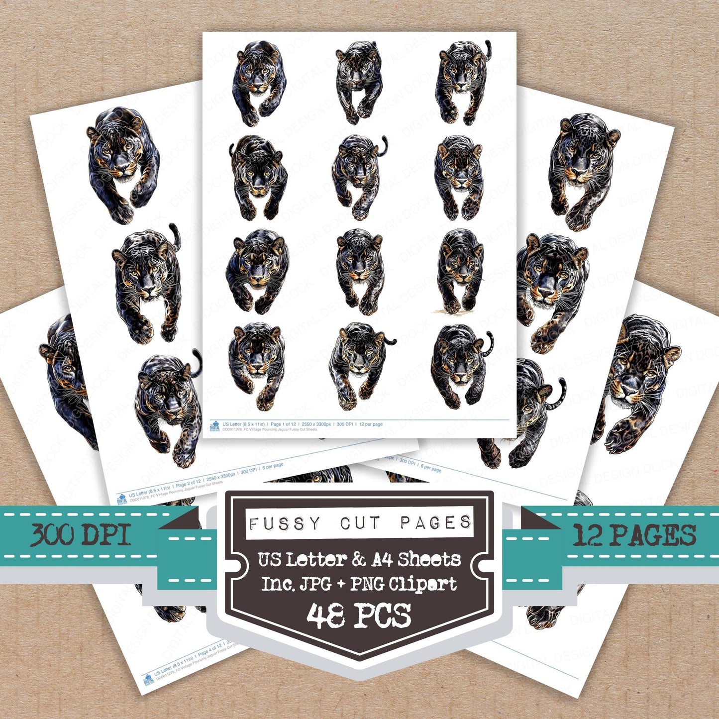 Vintage Pouncing Jaguar fussy cut printable sheets for junk journaling, scrapbooking, and paper craft projects