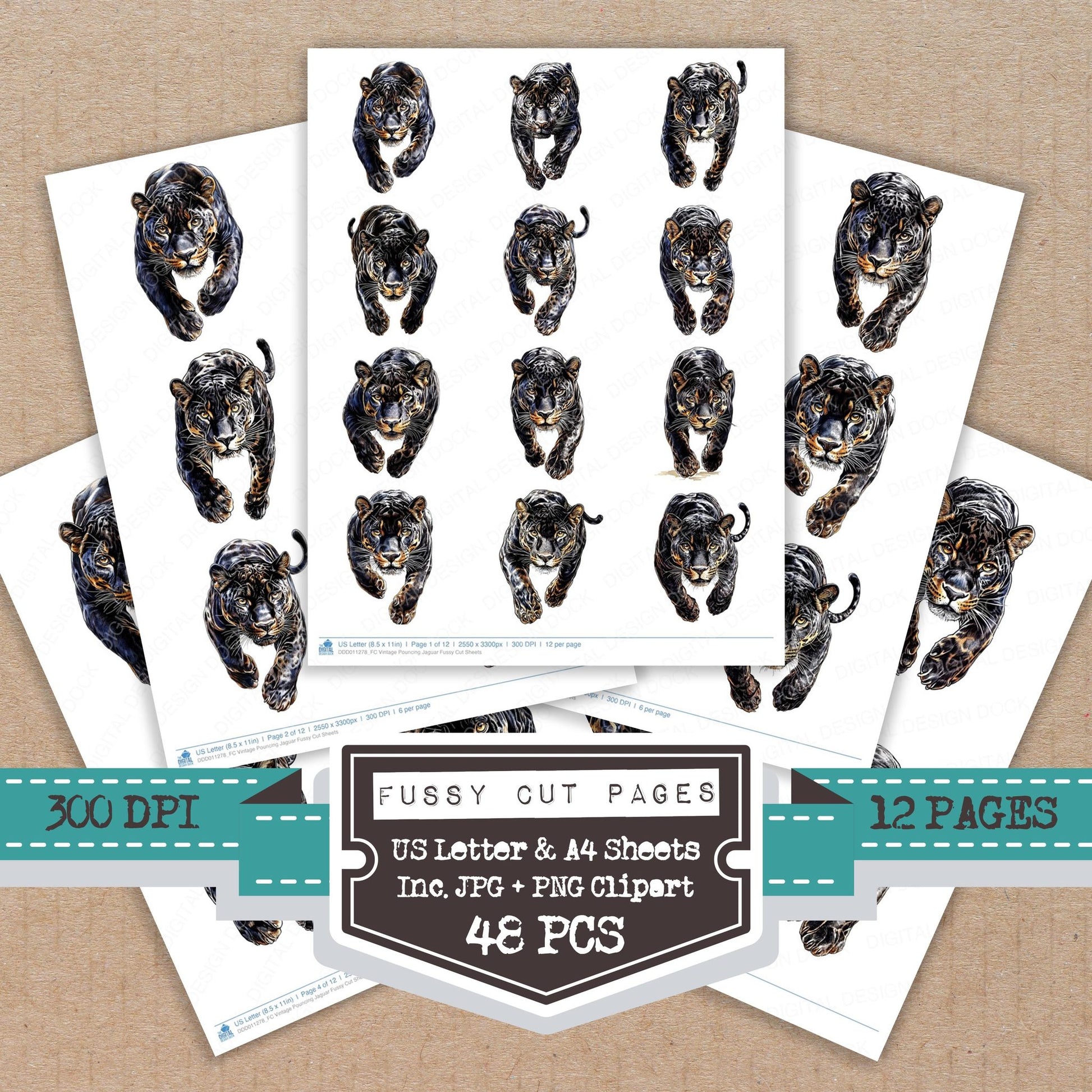 Vintage Pouncing Jaguar fussy cut printable sheets for junk journaling, scrapbooking, and paper craft projects