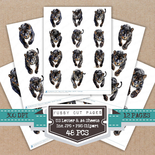 Vintage Pouncing Jaguar fussy cut printable sheets for junk journaling, scrapbooking, and paper craft projects