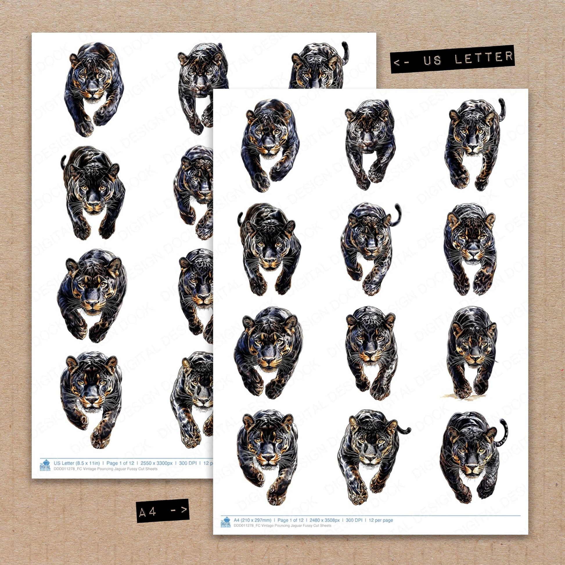 A4 and US Letter format comparison showing Vintage Pouncing Jaguar fussy cut pages for print and cut crafting