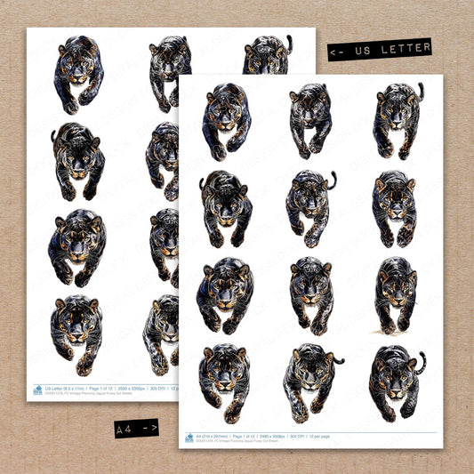 A4 and US Letter format comparison showing Vintage Pouncing Jaguar fussy cut pages for print and cut crafting