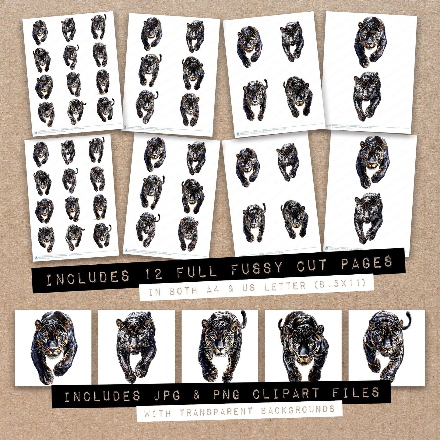Full collection view of Vintage Pouncing Jaguar fussy cut sheets with bonus clipart JPG and PNG files