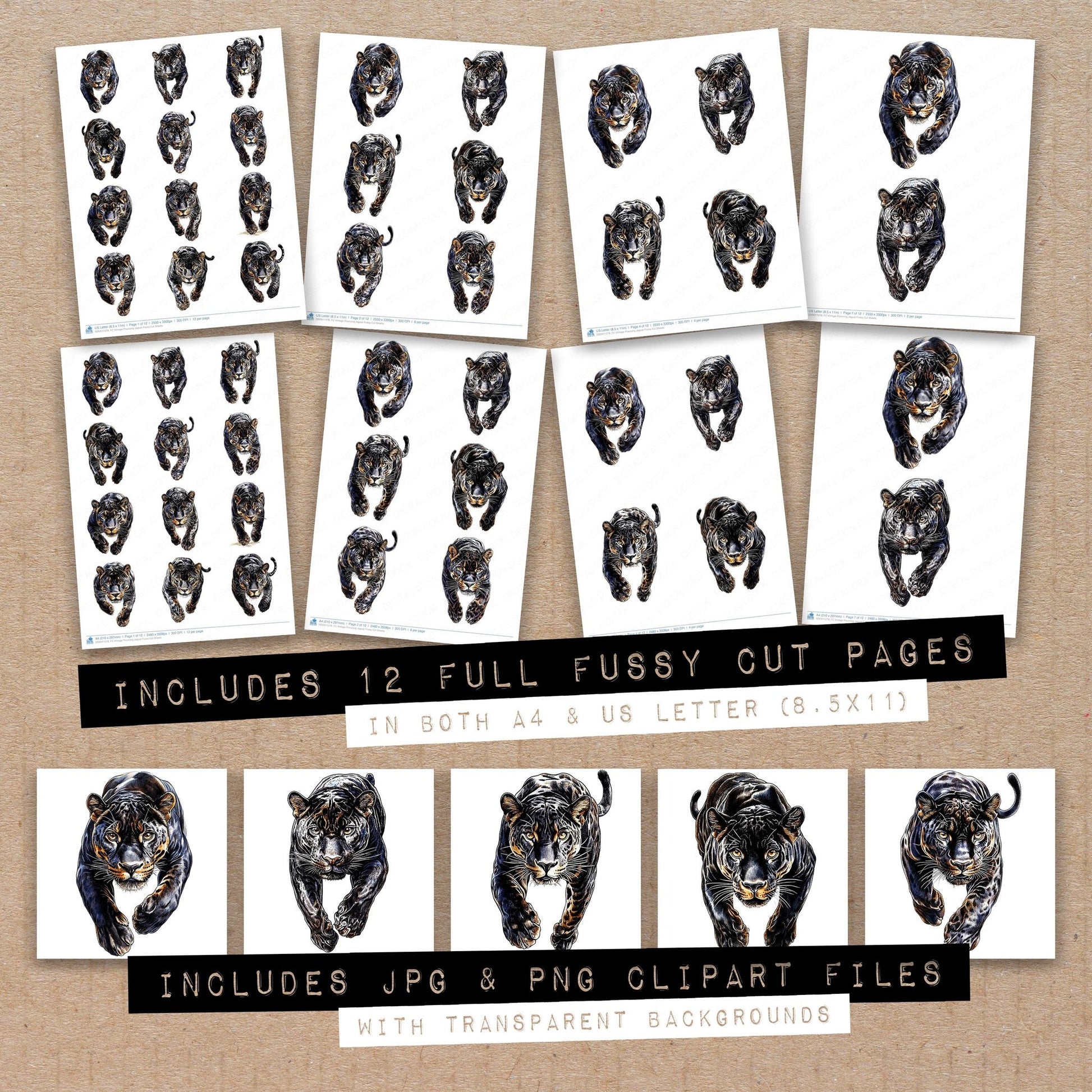 Full collection view of Vintage Pouncing Jaguar fussy cut sheets with bonus clipart JPG and PNG files