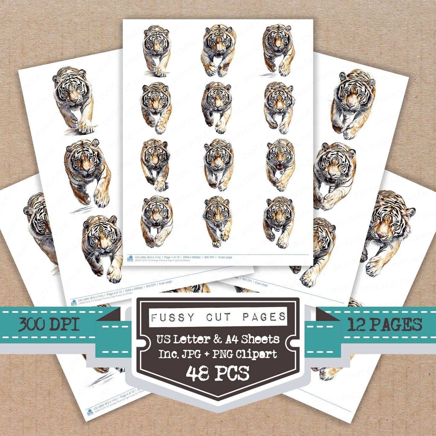 Vintage Prowling Tiger fussy cut printable sheets for junk journaling, scrapbooking, and paper craft projects