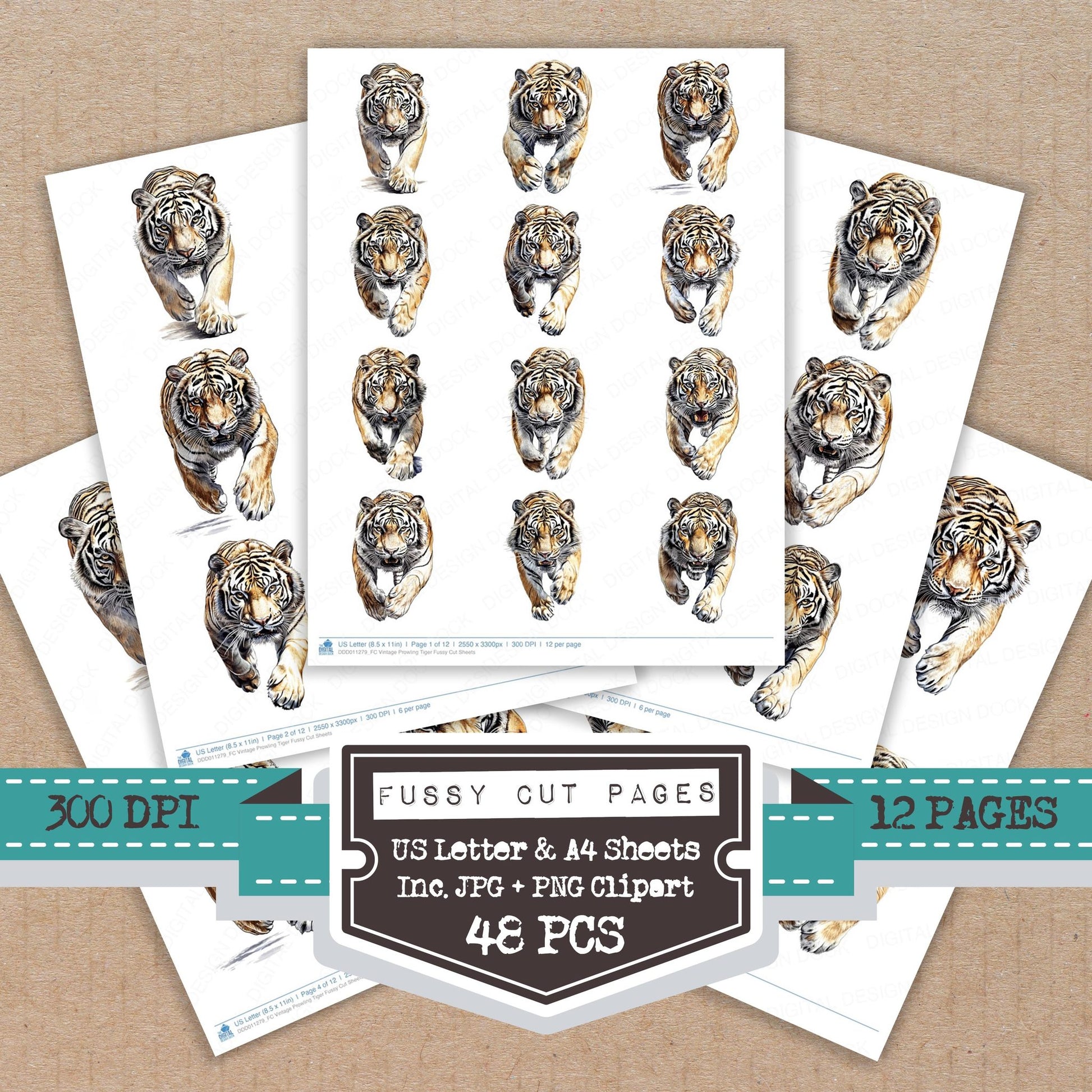 Vintage Prowling Tiger fussy cut printable sheets for junk journaling, scrapbooking, and paper craft projects