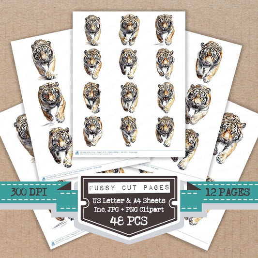 Vintage Prowling Tiger fussy cut printable sheets for junk journaling, scrapbooking, and paper craft projects