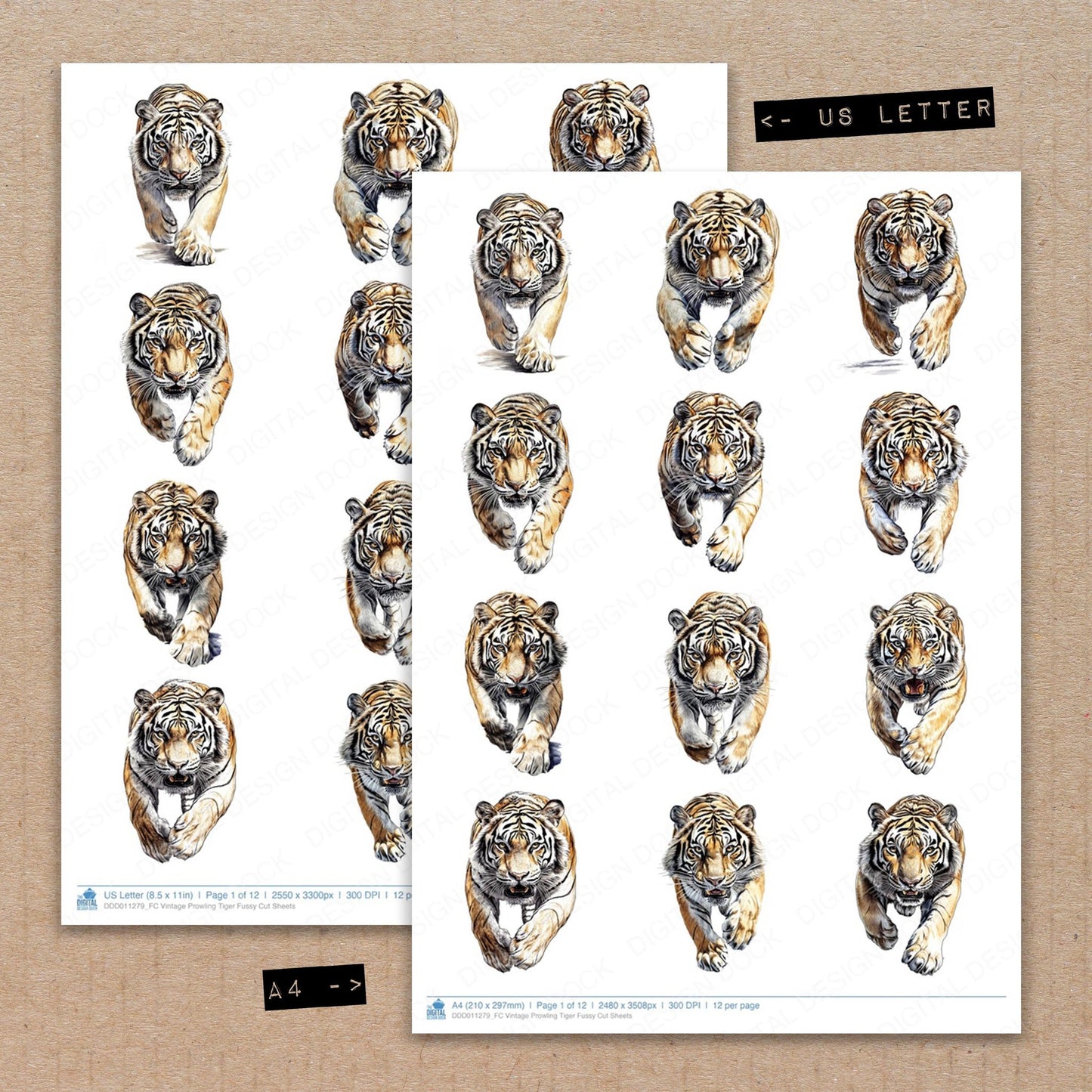 A4 and US Letter format comparison showing Vintage Prowling Tiger fussy cut pages for print and cut crafting