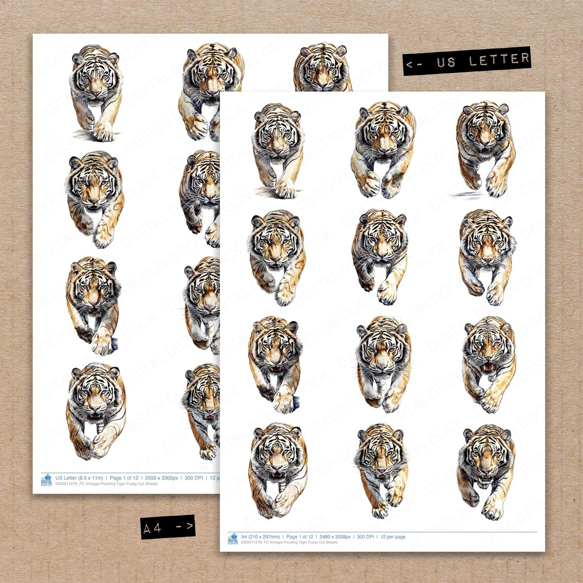 A4 and US Letter format comparison showing Vintage Prowling Tiger fussy cut pages for print and cut crafting