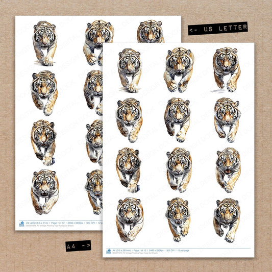 A4 and US Letter format comparison showing Vintage Prowling Tiger fussy cut pages for print and cut crafting