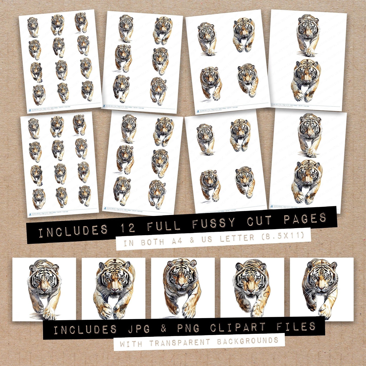 Full collection view of Vintage Prowling Tiger fussy cut sheets with bonus clipart JPG and PNG files