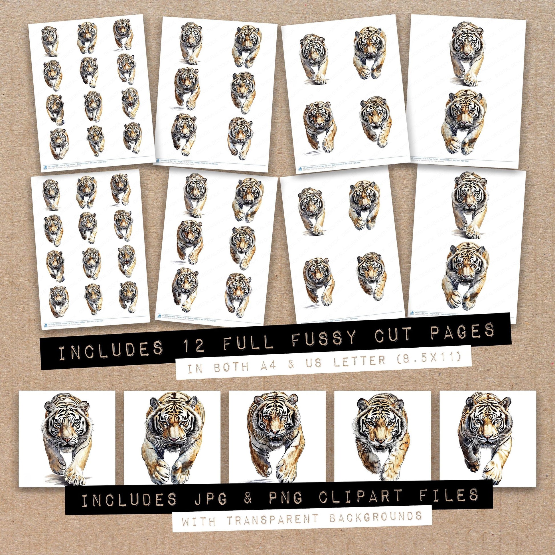 Full collection view of Vintage Prowling Tiger fussy cut sheets with bonus clipart JPG and PNG files
