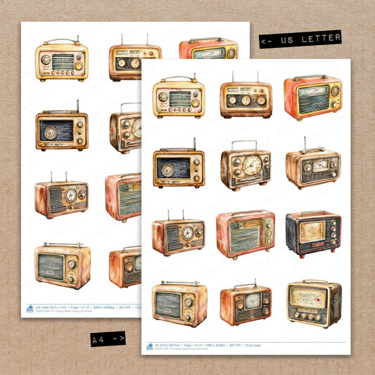 A4 and US Letter format comparison showing Vintage Radio fussy cut pages for print and cut crafting