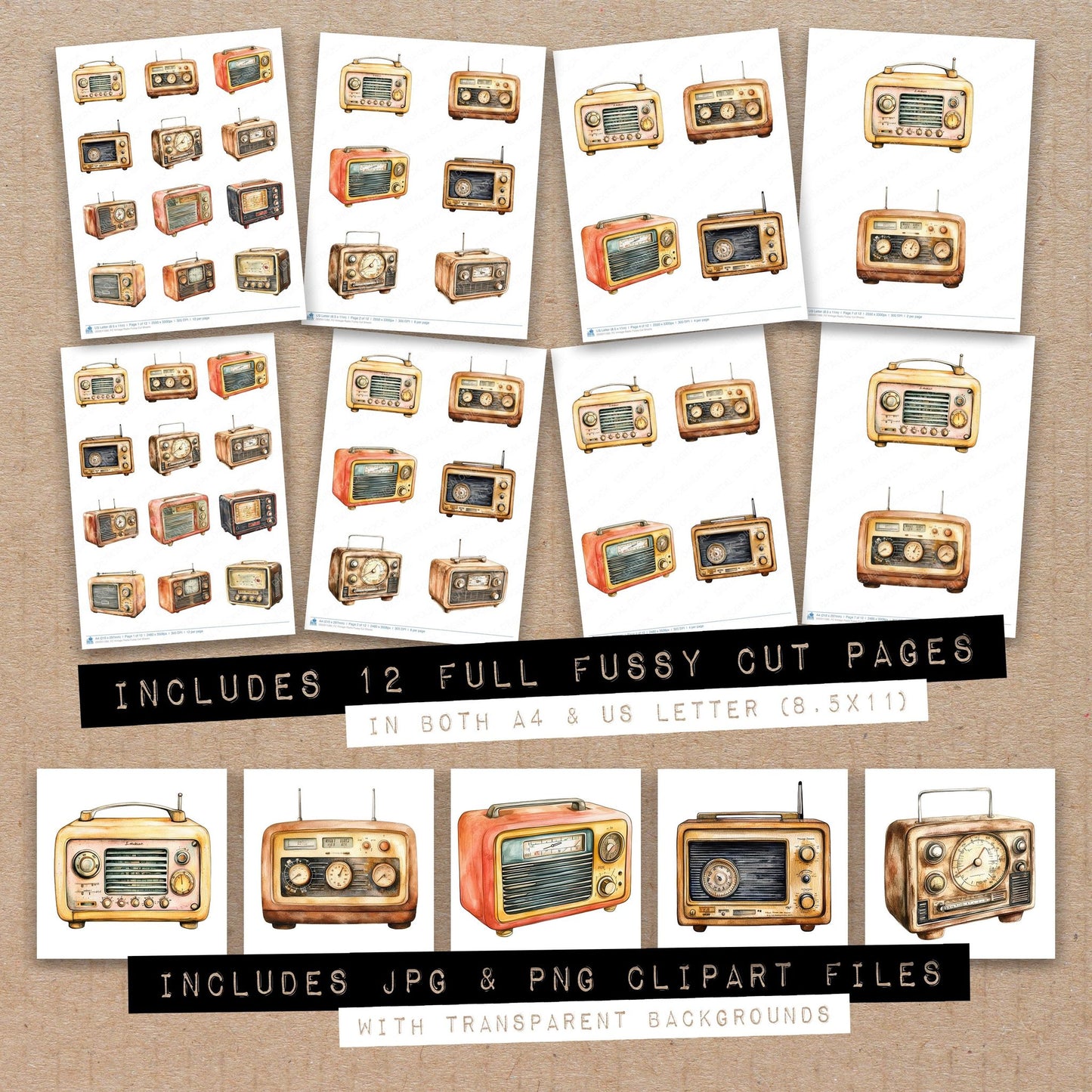 Full collection view of Vintage Radio fussy cut sheets with bonus clipart JPG and PNG files