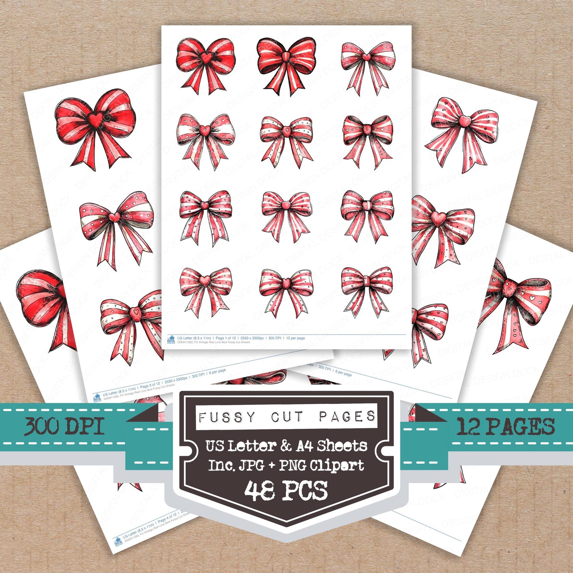 Vintage Red Love Bow fussy cut printable sheets for junk journaling, scrapbooking, and paper craft projects