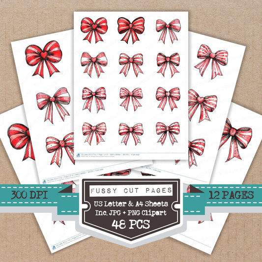 Vintage Red Love Bow fussy cut printable sheets for junk journaling, scrapbooking, and paper craft projects