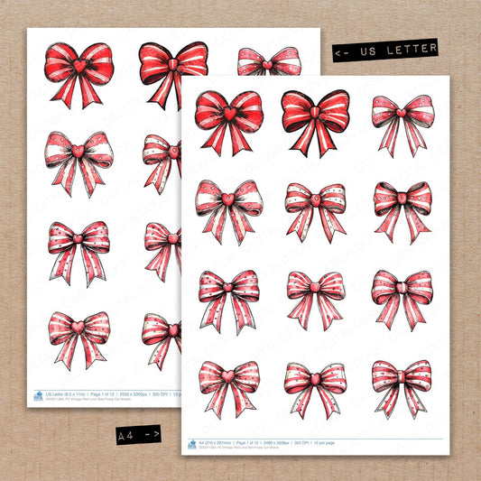 A4 and US Letter format comparison showing Vintage Red Love Bow fussy cut pages for print and cut crafting