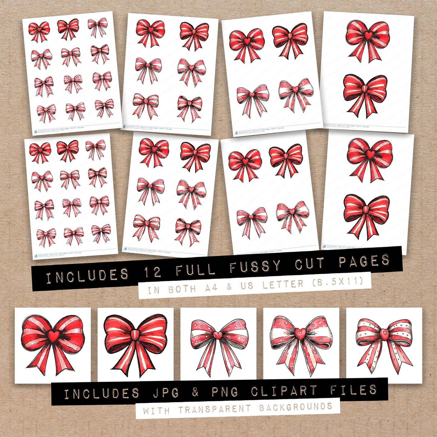 Full collection view of Vintage Red Love Bow fussy cut sheets with bonus clipart JPG and PNG files