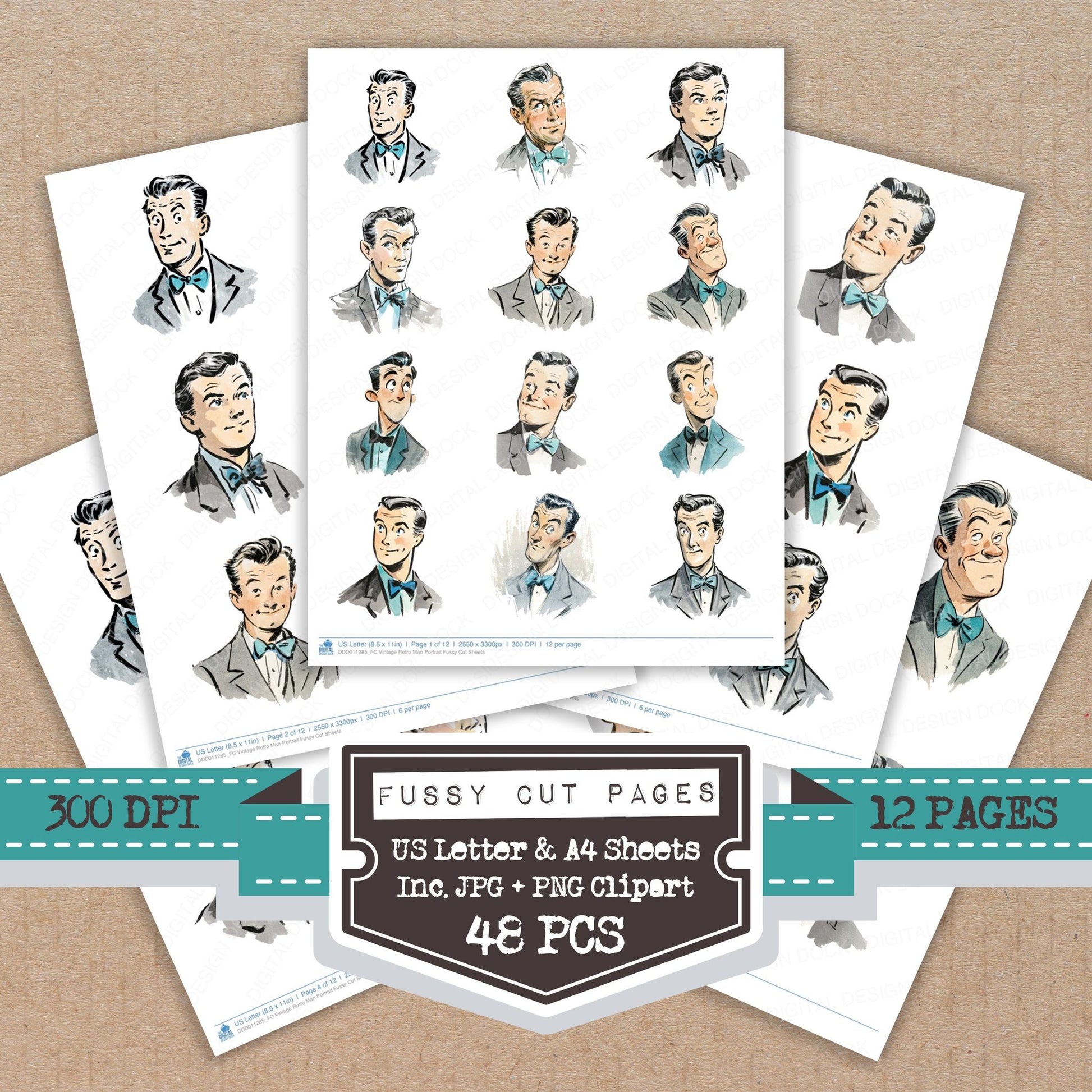 Vintage Retro Man Portrait fussy cut printable sheets for junk journaling, scrapbooking, and paper craft projects