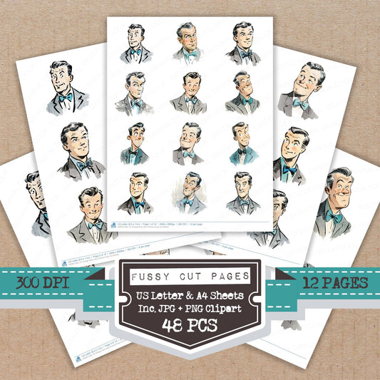 Vintage Retro Man Portrait fussy cut printable sheets for junk journaling, scrapbooking, and paper craft projects