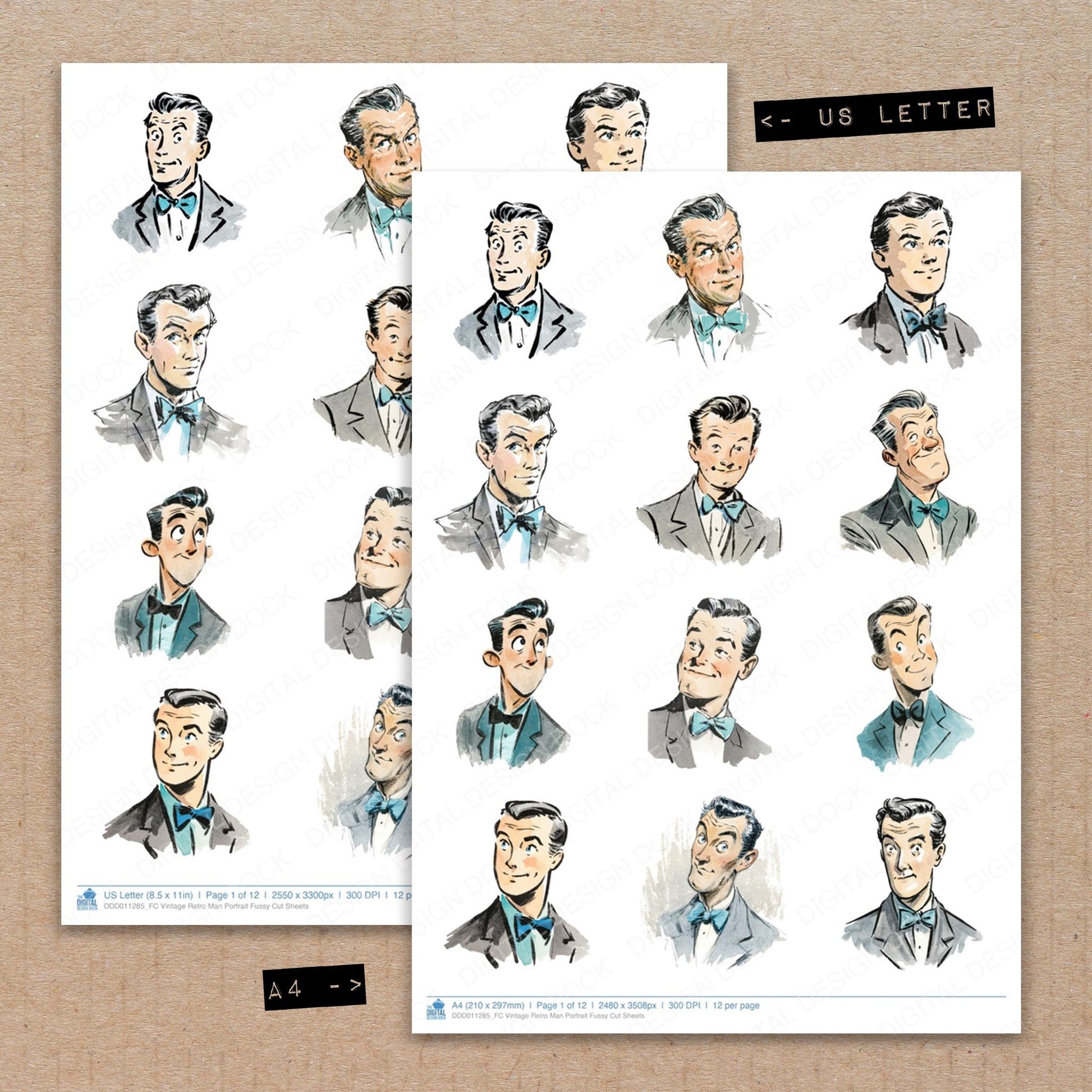 A4 and US Letter format comparison showing Vintage Retro Man Portrait fussy cut pages for print and cut crafting