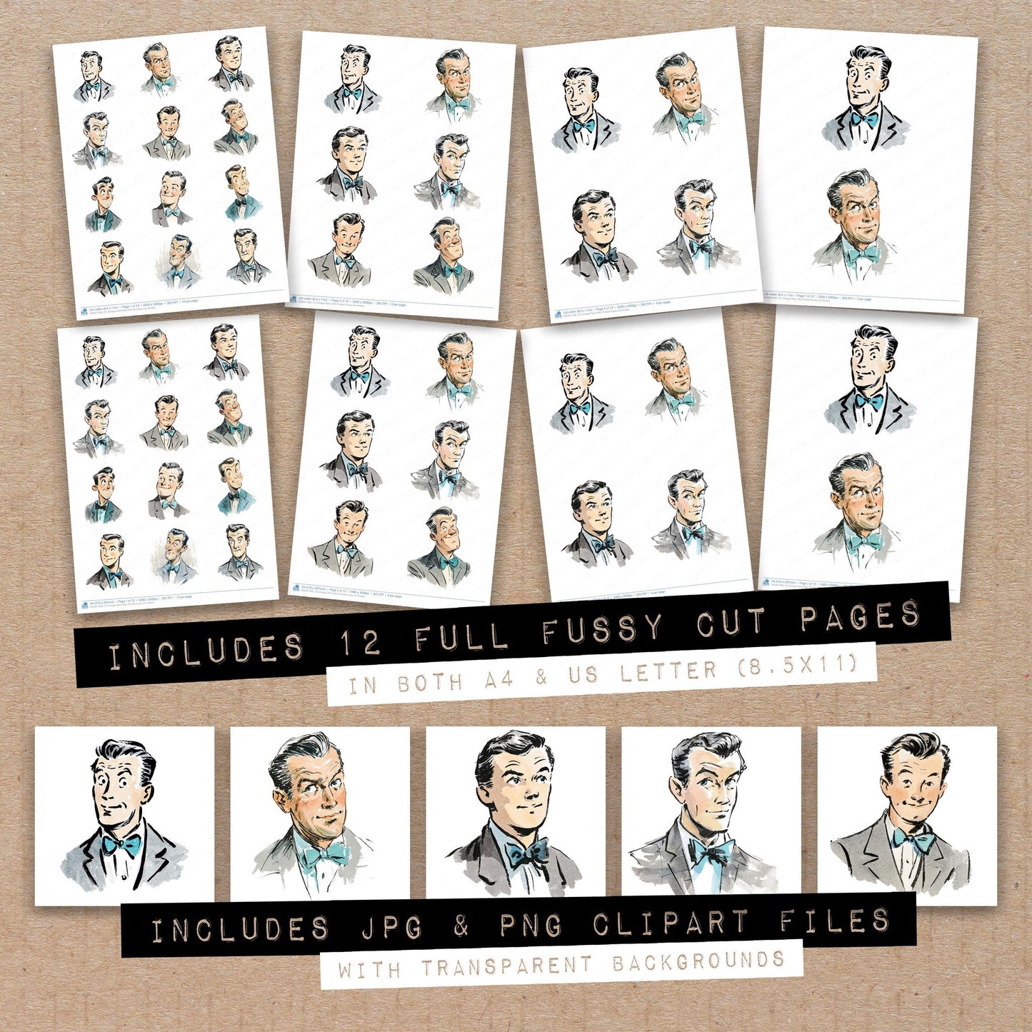 Full collection view of Vintage Retro Man Portrait fussy cut sheets with bonus clipart JPG and PNG files