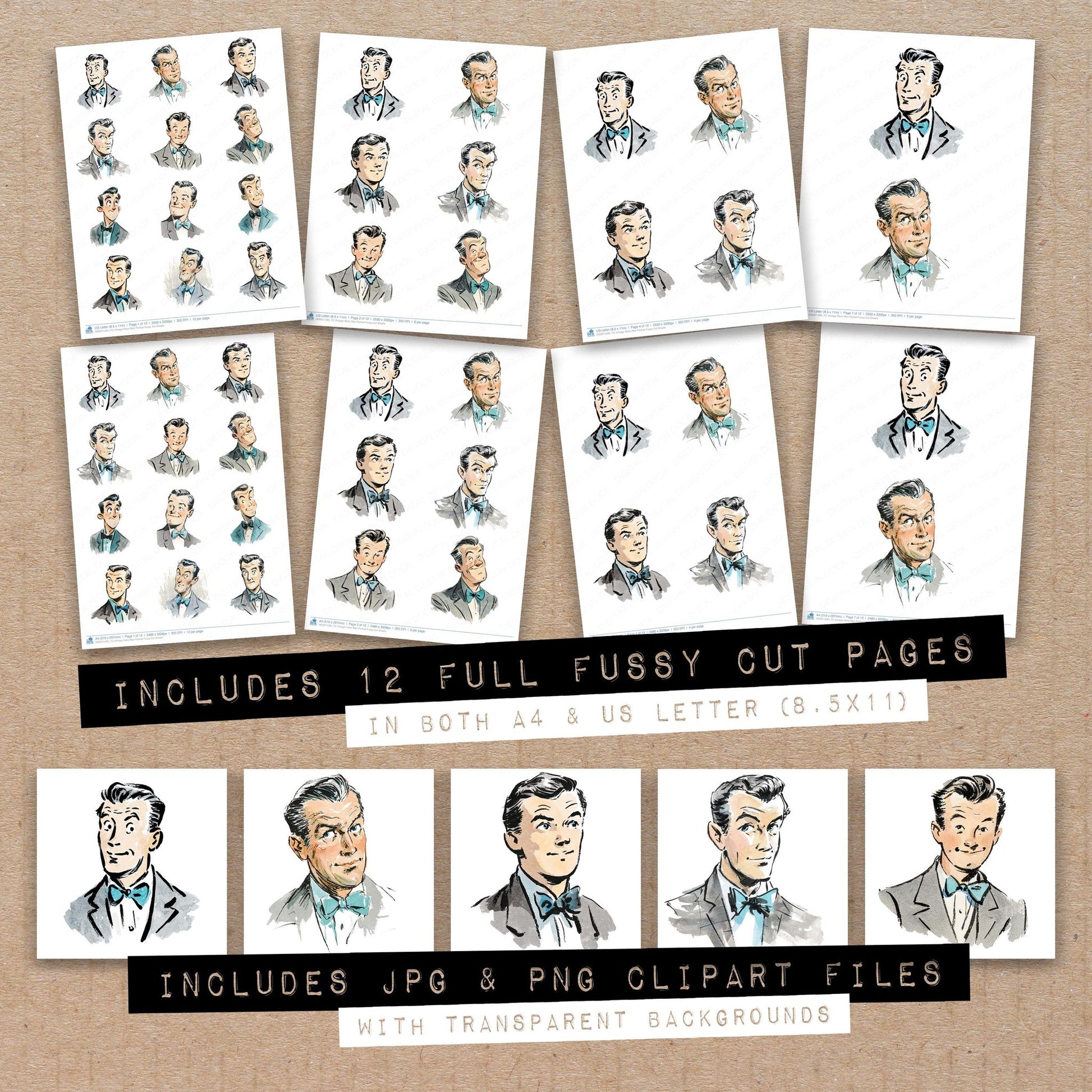 Full collection view of Vintage Retro Man Portrait fussy cut sheets with bonus clipart JPG and PNG files