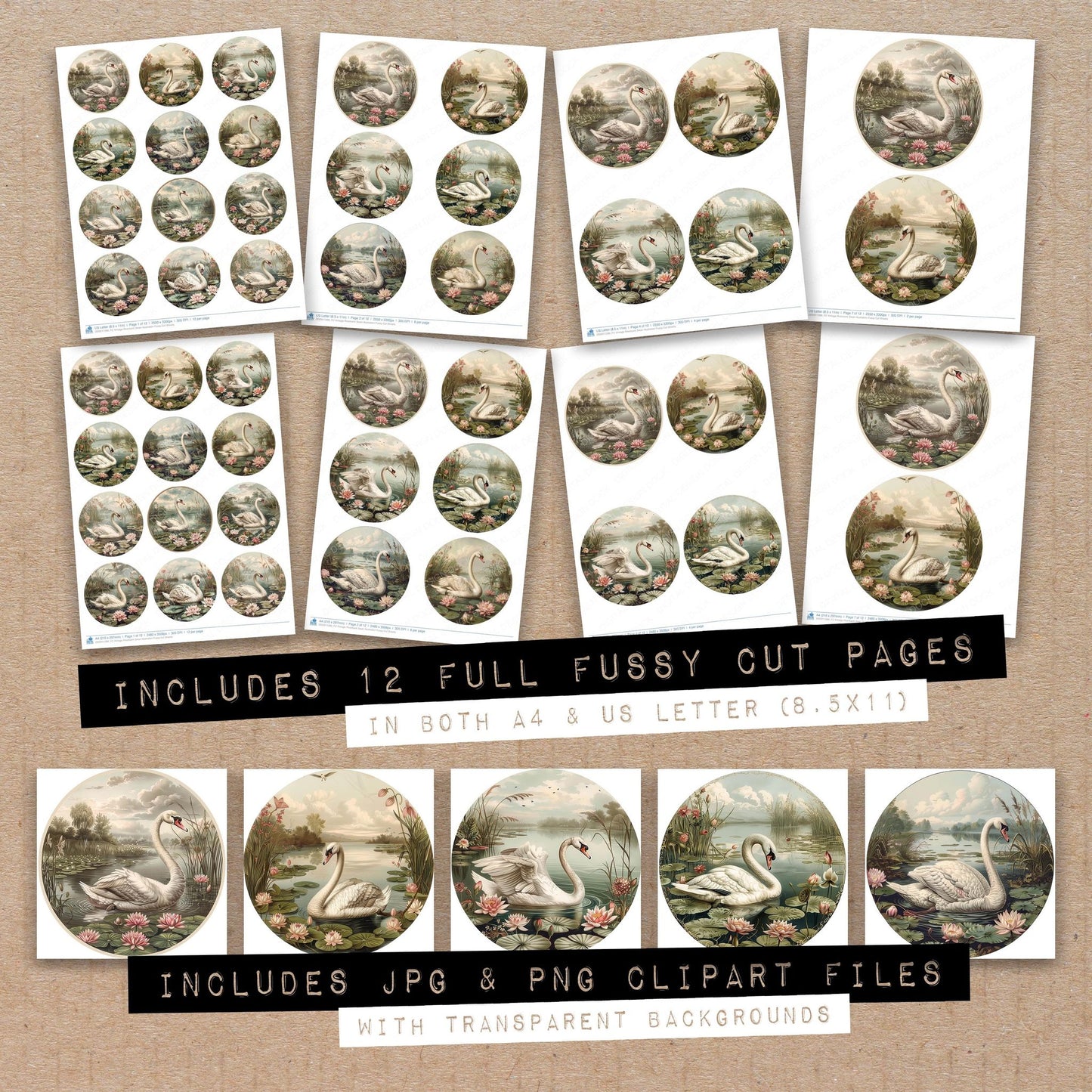 Full collection view of Vintage Riverbank Swan Illustration fussy cut sheets with bonus clipart JPG and PNG files