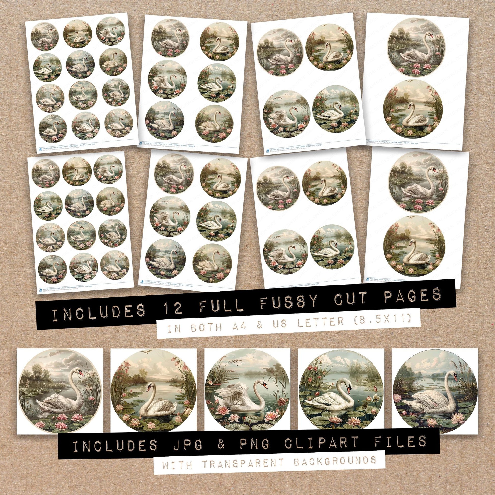 Full collection view of Vintage Riverbank Swan Illustration fussy cut sheets with bonus clipart JPG and PNG files