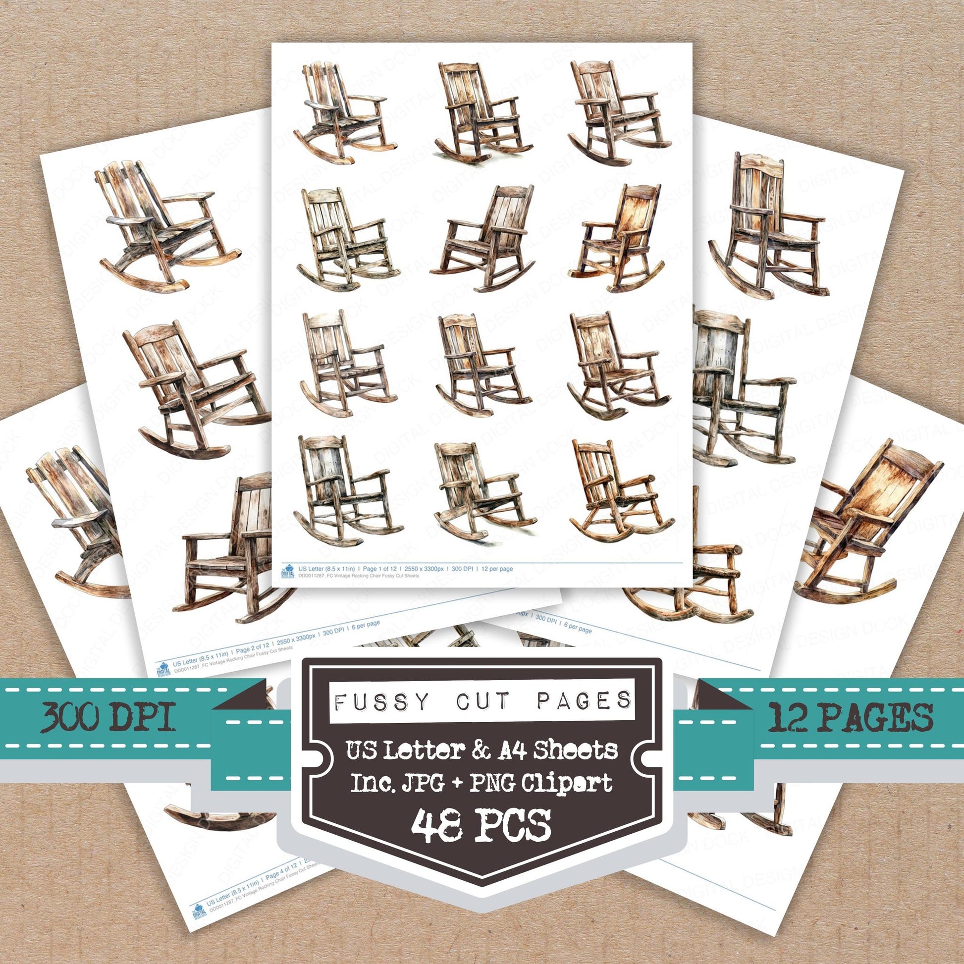 Vintage Rocking Chair fussy cut printable sheets for junk journaling, scrapbooking, and paper craft projects