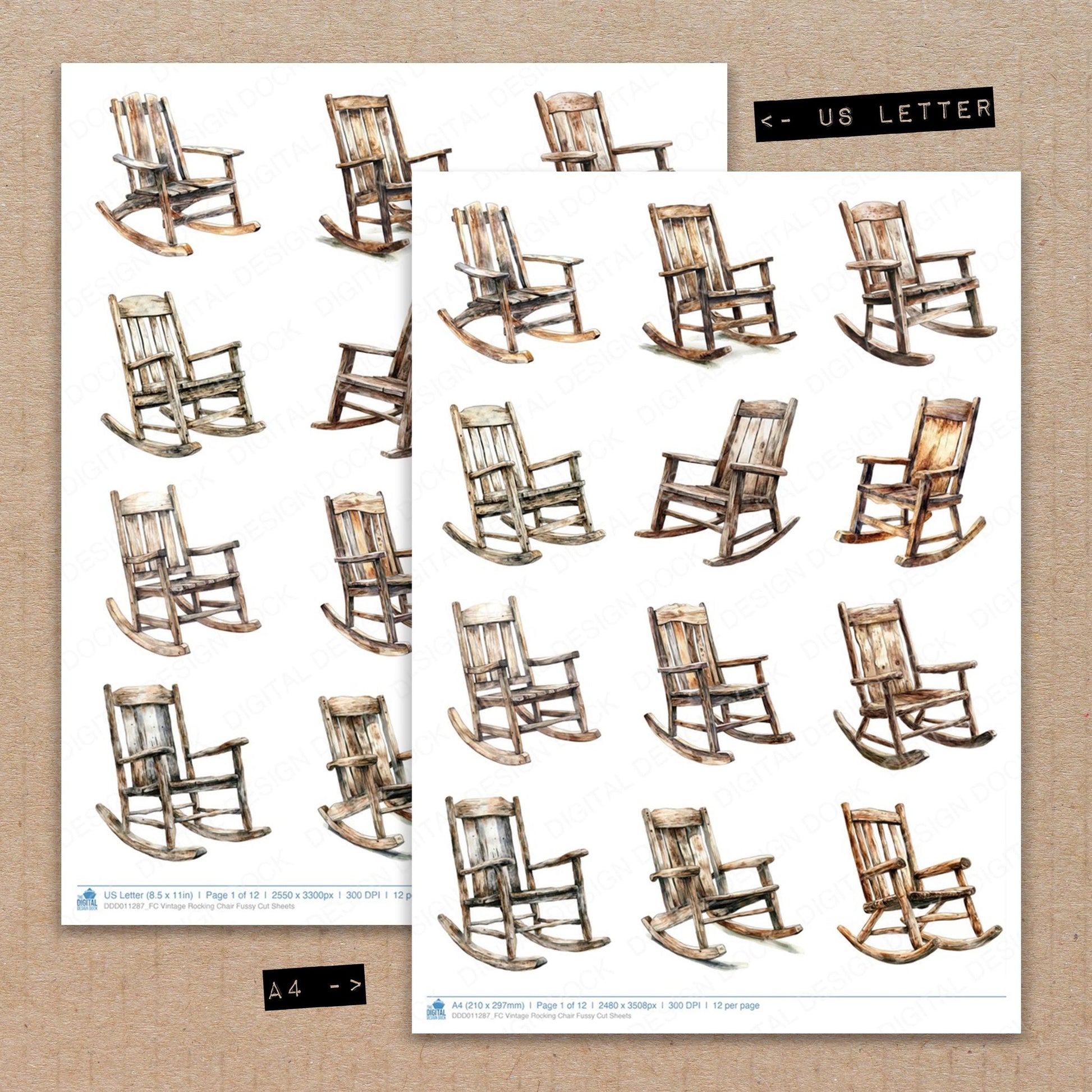 A4 and US Letter format comparison showing Vintage Rocking Chair fussy cut pages for print and cut crafting