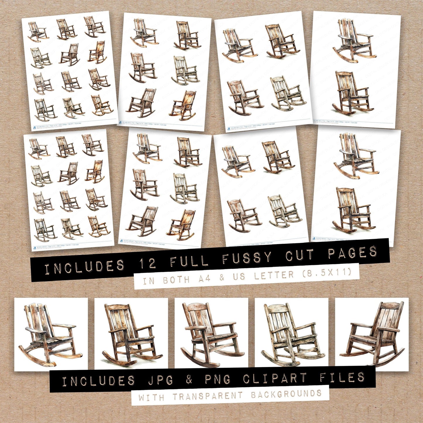 Full collection view of Vintage Rocking Chair fussy cut sheets with bonus clipart JPG and PNG files