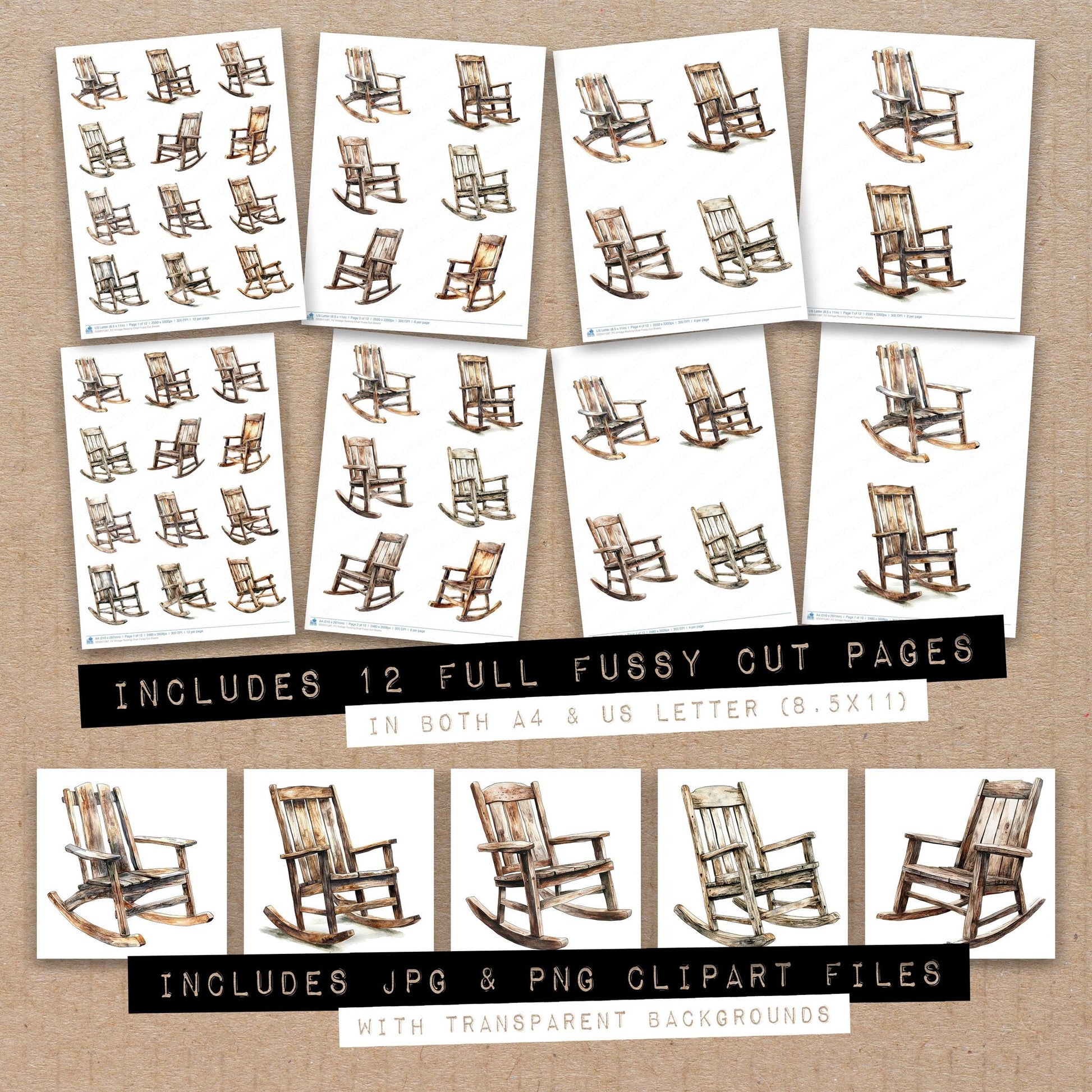 Full collection view of Vintage Rocking Chair fussy cut sheets with bonus clipart JPG and PNG files