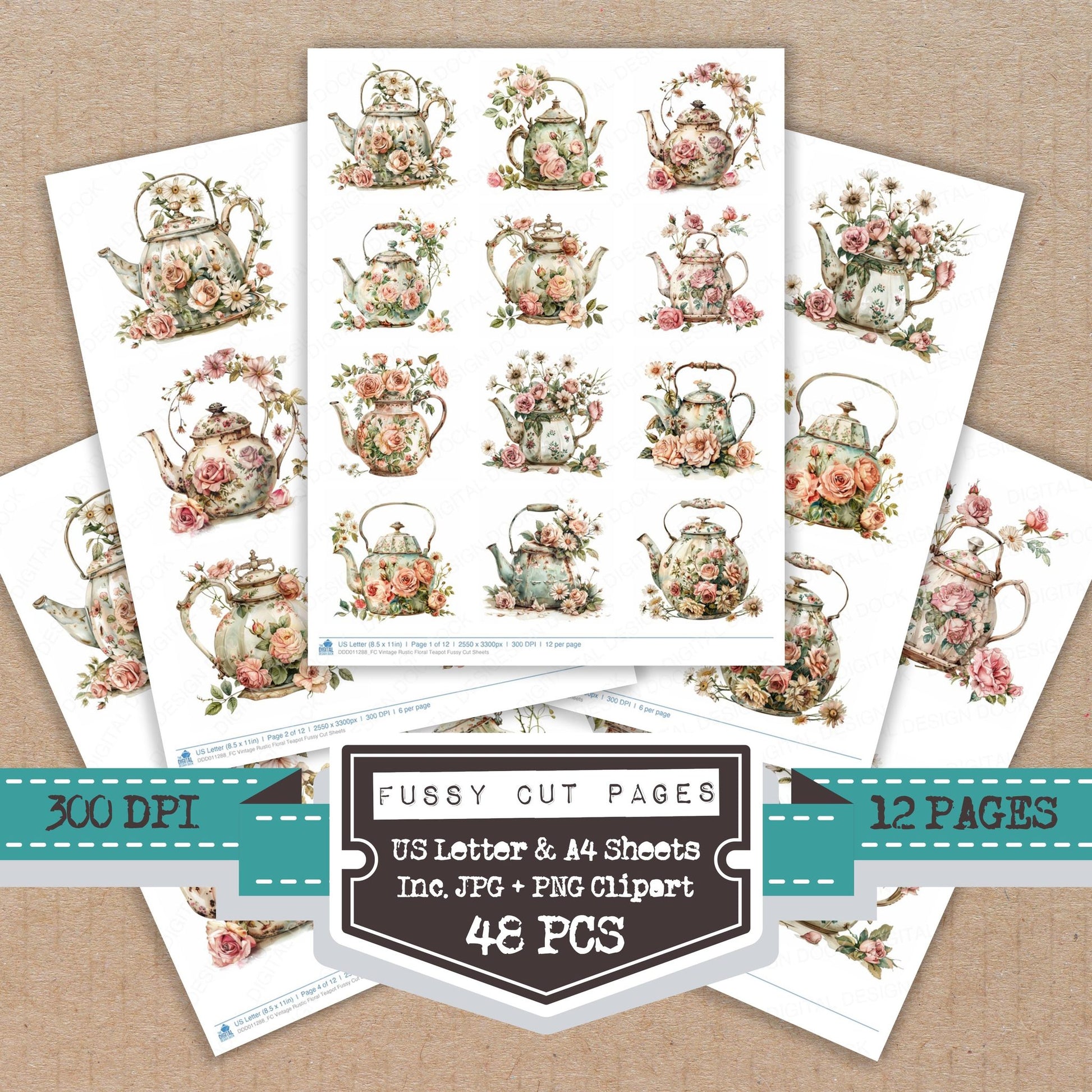 Vintage Rustic Floral Teapot fussy cut printable sheets for junk journaling, scrapbooking, and paper craft projects